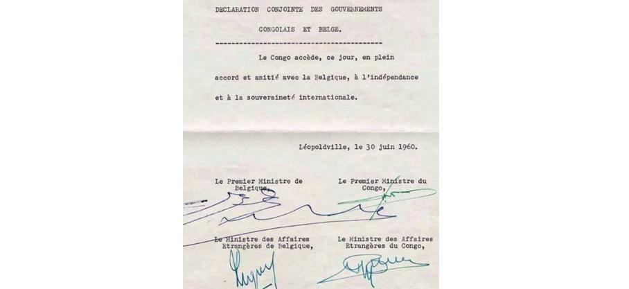 L'acte officiel de l’indépendance signé par les Premiers ministres Congolais et Belge, et Patrice Lumumba et Gaston Eyskens, contresigné par les deux Ministres des Affaires Étrangères, Pierre de Vigny et Justin-Marie Bomboko