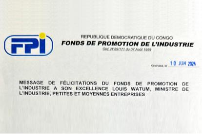 Infos congo - Actualités Congo - -Message de félicitations du Fonds de Promotion de l’Industrie à Madame la Première Ministre, Cheffe du Gouvernement