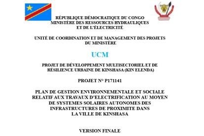 Infos congo - Actualités Congo - -PGES relatif aux travaux d’électrification au moyen de systèmes solaires autonomes des infrastructures de proximité dans la ville de...